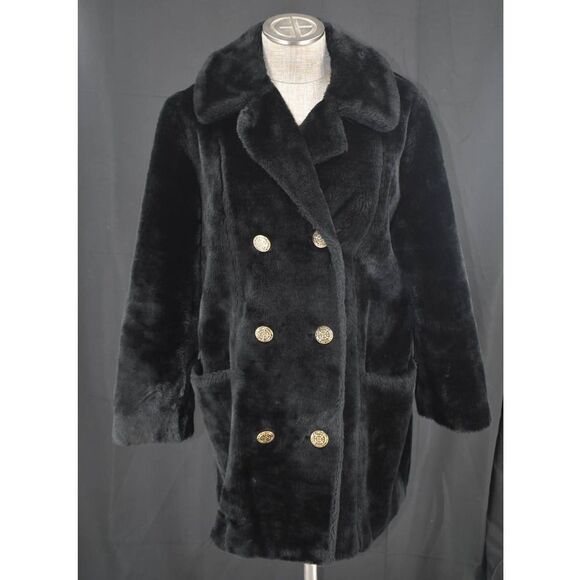 Susan Lynn Faux Fur Black Button Front Coat- L - Picture 3 of 8